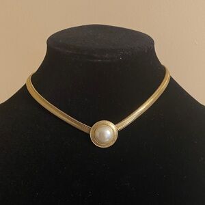 Elegant Park Lane Vintage Flat Snake Chain Faux Pearl Choker